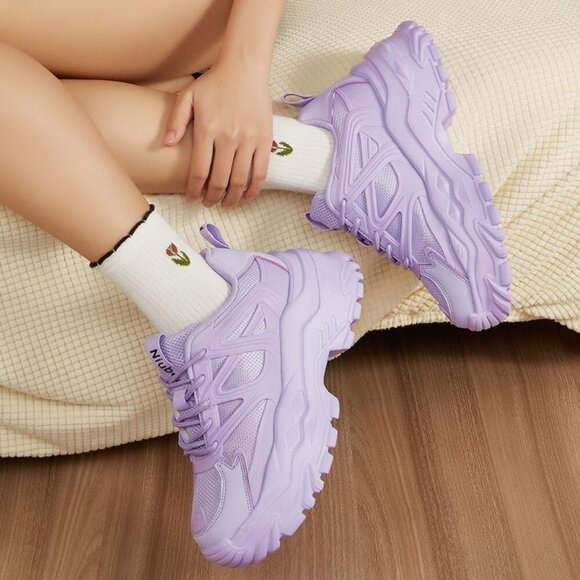 Women's Chunky Sneakers White Black Purple Platform Breathable Casual Lace Up - Picture 5 of 7